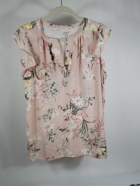 LOFT  Pink Floral Ruffle Sleeve  Size Lg  Blouse